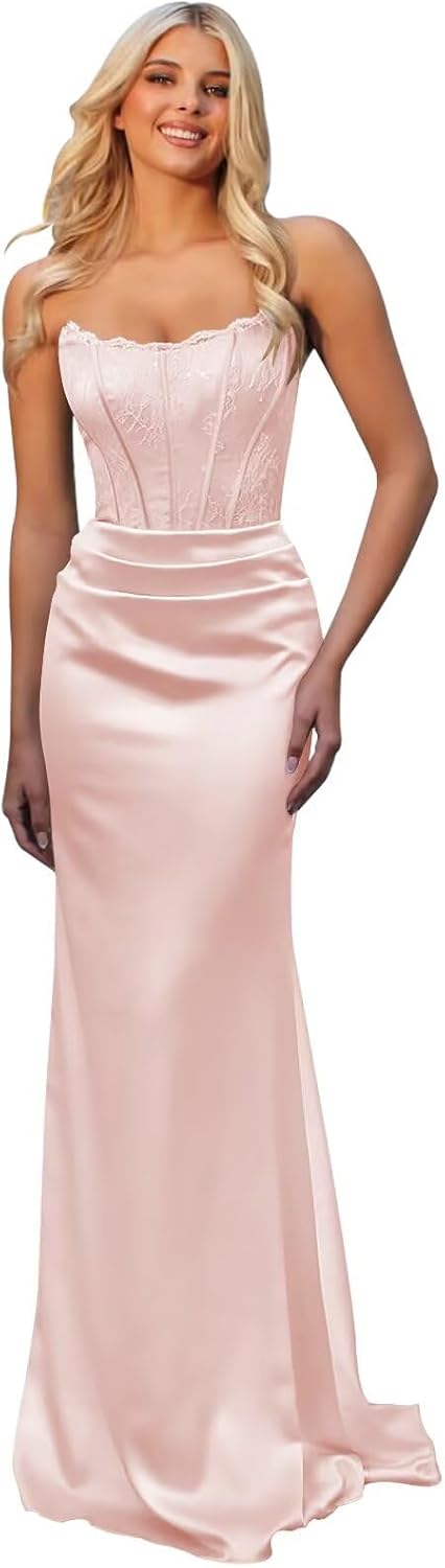 Mollyevers Satin Mermaid Prom Dresses for Teens 2026 Lace Strapless Corset Long Formal Evening Dress