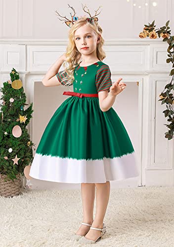 Flitay Girl's Casual Flower Princess Party Xmas Gown Lightweight Short Sleeve Snow Santa Pageant Mini Dress Green Star 8-9 Years #TOP2