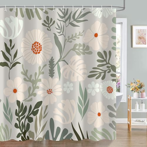 JAZEAOI Cute Green Floral Shower Curtain, Mid Century Modern Abstract Boho Beige Orange Flower Plant Aesthetic Bathroom Decor Set, Rustic Polyester Fabric Bath Curtain with Hooks 72x72 Inch by JAZEAOI - Used condition - Image 3