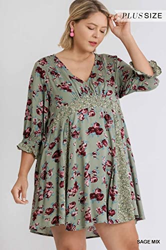 Umgee Usa Women's Mixed Floral Print Babydoll Mini Dress (Xl, Sage) #TOP1