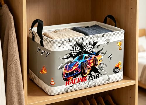 Image of Essme Rectangular Kids Baskets,Car Storage Box,Cute Basket for Kids with Handles for Room Decor, Book Bins,Shelf Basket.(Blue Car)