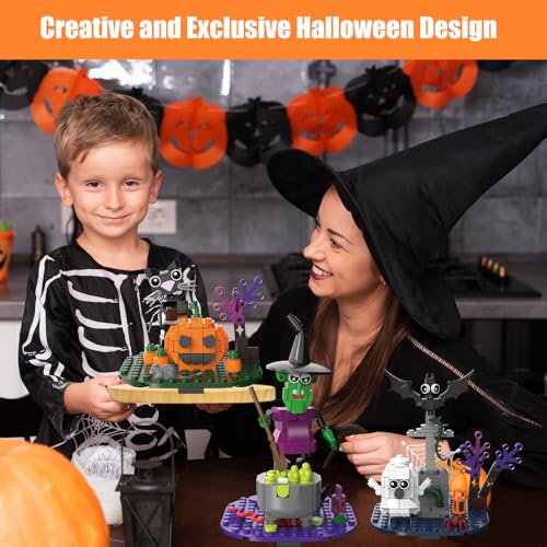 Image of Halloween Building Blocks Set - Pumpkin Ghosts Witch Cat Grave Kit, Party Favors Gift Ornament for Kids