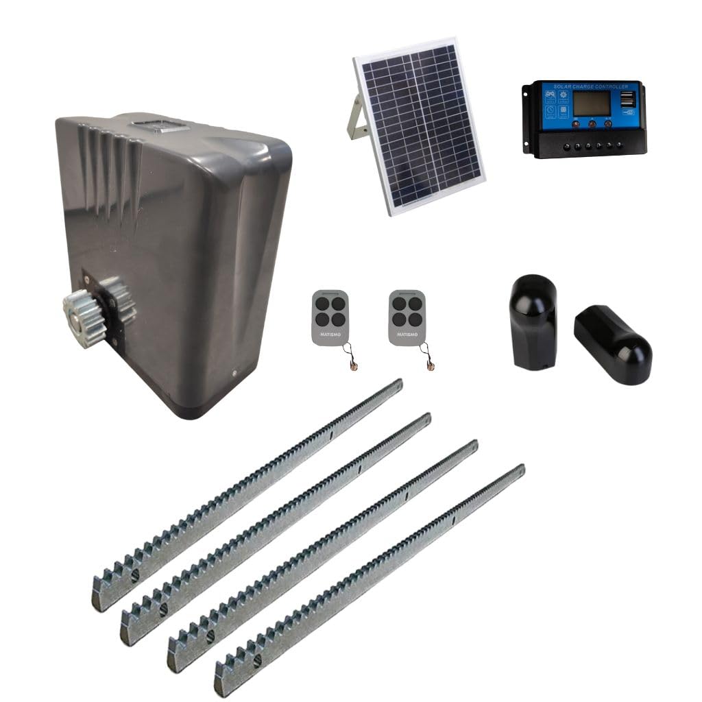 MATISMO AMC1000 Solar Motor para puerta corredera - Hasta 1000 Kg - Incluye cremallera, central, mandos, fotocelulas, placa solar e inversor solar. (4 m cremalleras acero y 1 fotocelulas infrarrojas)