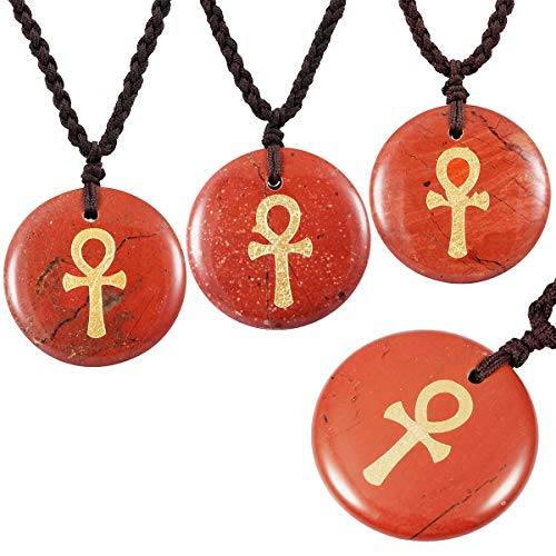 Sunyik Egyptian Ankh Cross Engraved Round Stone Amulet Pendant Necklace, Adjustable Wave Necklaces For Unisex, Red Jasper #TOP2