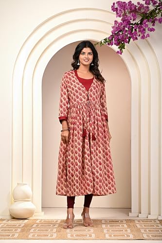 Image of KANNAHI Women Pure Cotton Printed Straight Calf Length Regular Jaipuri Kurta and Shrug Set with Floral Print for Womens & Girls Grey