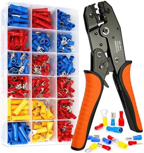 Crimpzangen Kabelschuhe Set für 0,5–6 mm², Ratschenfunktion Crimping Pliers | 390 Stück Ringkabelschuhe Set, Kabelschuhe Flachstecker und Bullet-Stecker, ideal für Elektroverkabelu