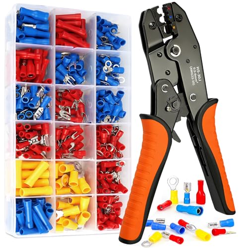 Insulated Wire Crimping Tool Set Cable Ratchet Crimping Tool with 390pcs Ring Terminals Spade Connectors Bullet Connectors 0.5-6mm Cable Crimper Suits Electrical Wiring Repair Car Etc.