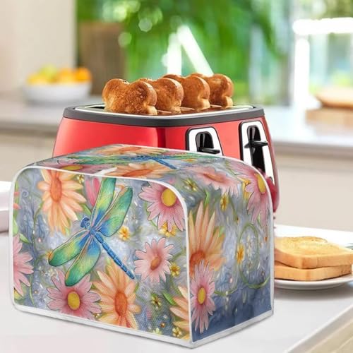 Image of Talayituse Dragonfly Daisy Flower Print Toaster Cover 2 Slice Wide Slot, Lightweight Bread Maker Cover Dust Protection Washable Appliance Bag, S