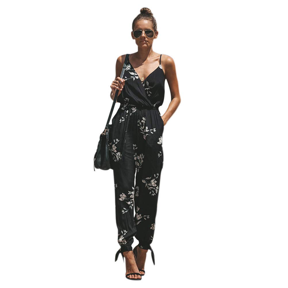 TSWRK Women's Floral Jumpsuit Halter Tie Ankle Split Leg Sleeveless Rompers Black, Black, S