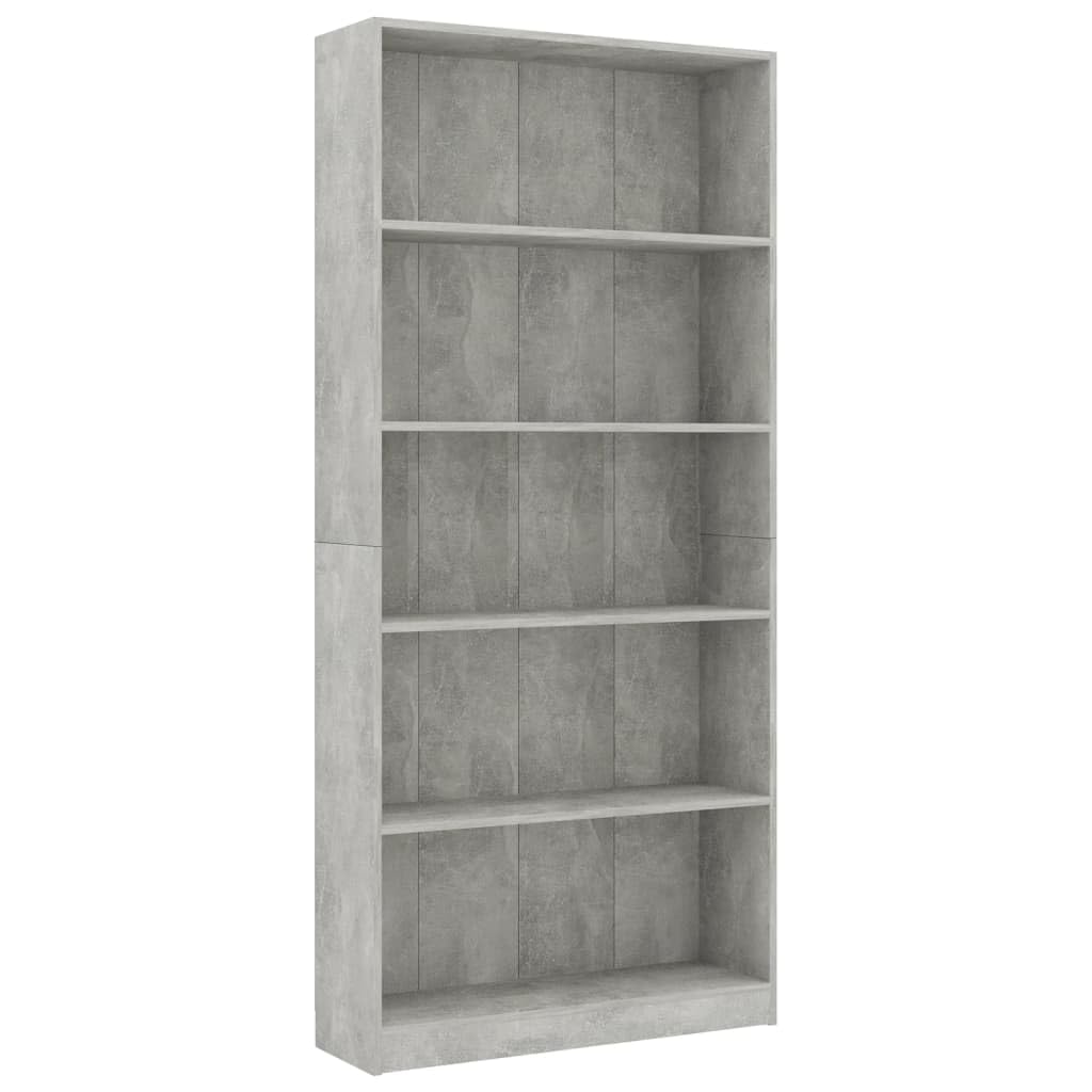 Regał na książki, 5 przegródek, szary betonowy, wielofunkcyjny regał na książki, do przechowywania, 80 x 24 x 175 cm, materiał drewnopochodny