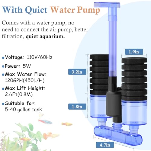 FEDOUR Aquarium Sponge Filter with Water Pump, Quiet Electric Biochemical Filter, with 4pcs Filter Sponge and Ceramic Balls, for up to 40Gallon Fish Tank, Turtle Tank, Shrimp Tank