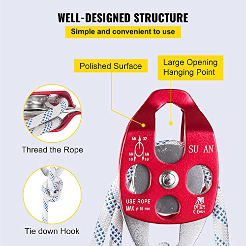 VEVOR Twin Sheave Block and Tackle 7/16-1/2 Inch 100-200 Feet Twin Sheave Block with Braid Rope 30-35KN 6600-7700LBS Double Pulley Rigging for Rescue Tree Climbing