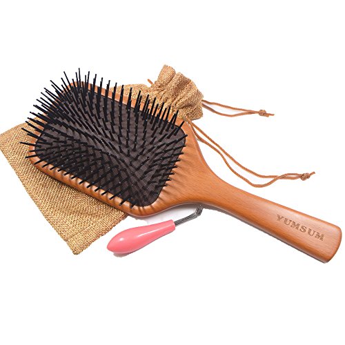 YUMSUM Large Square Wooden Hair Paddle Brush Scalp Massage Comb for Womens Medium to Thick Long Hairs (Black)
