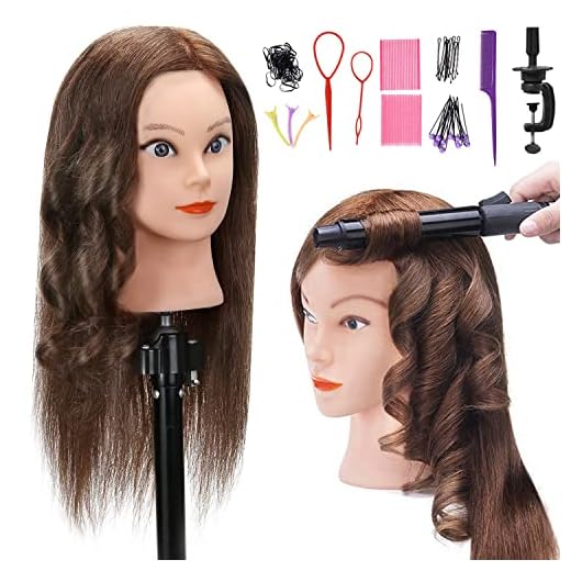 SILKY 100% Real Hair Mannequin Head with 9 Tools and Clamp, Hairdressers' Practice Training Head and Cosmotology Doll Head for Hairstyling and Braid - Dark Brown