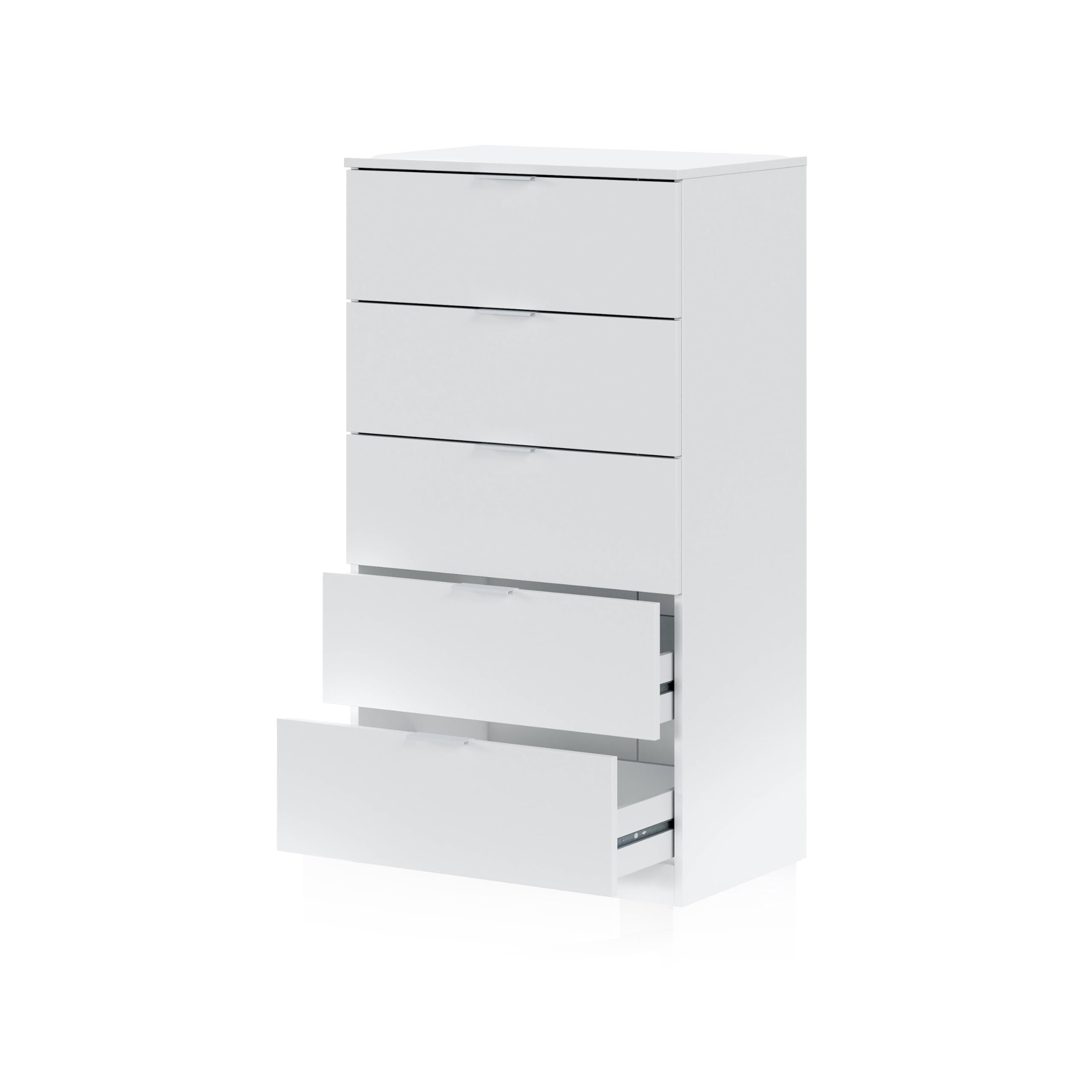 duehome | Comoda de 5 Cajones para Dormitorio, Modelo Akari, Acabado en Blanco Artik, Medidas: 60 cm (Largo) x 110 cm (Alto) x 40 cm (Fondo)