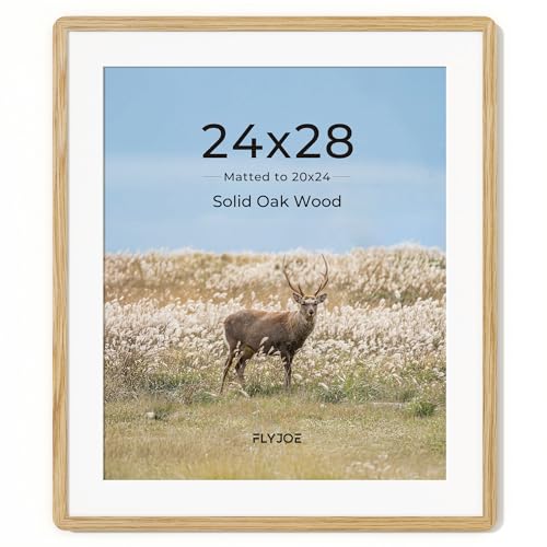 FLYJOE 24x28 Picture Frame Solid Oak Wood 24 x 28 Photo Frame Matted to 20x24 24x28 Poster Frame with HD Tempered Glass 24 by 28 Wood Picture Frames Vertical & Horizontal Wall Hanging Display
