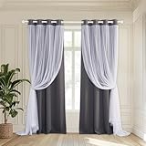 PONY DANCE Blackout Curtains 84 Inches Long - White Sheer Overlay Thermal Insulated Curtains for Living Room, Cortina para Sala (W52 x L84 inch, Grey, One Pair Grommet Drapes, with Tie Backs)