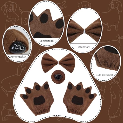 Jokureao 5Stück Welpen-Kostüm-Set, Hund Stirnband Ohren, Fliege, Schwanz, Pfote Handschuhe, Tier Welpen Hund Kostüm Set für Erwachsene Kinder Karneval Welttag des Buches Cosplay Party