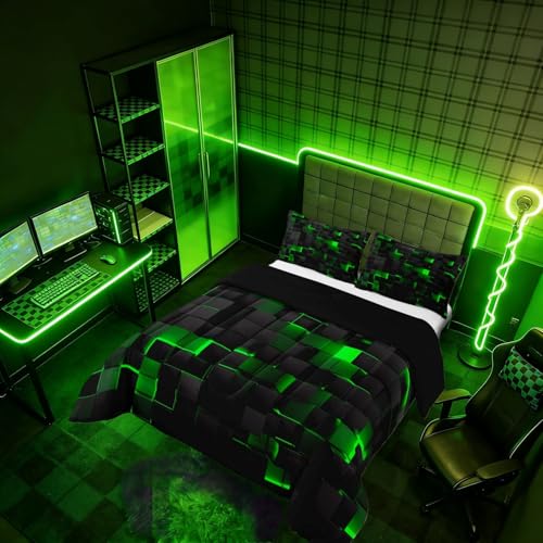 Image of Erosebridal Black Green Comforter Set Full Neon Geometric Checkered Bedding Set for Kids Boys Gaming Room Decor,Teen Men Abstract Stereoscopic Grids Quilt Square Plaid Check Bed Set 3 Pcs