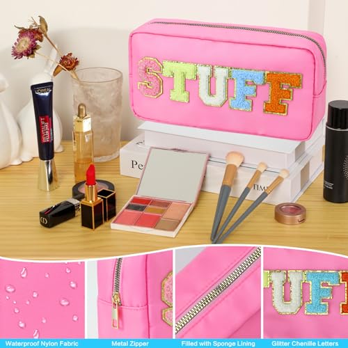 DYSHAYEN Nylon Stuff Cosmetic Bag Small Travel Preppy Makeup Pouch Bag for Women Girls with Chenille Letter Patches (Pink-STUFF)3