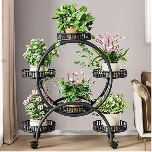 GEBYUI 木製植物架|キャスター付き + ストッパー 玄関置き省スペース 観葉植物・盆栽用 屋内屋外兼用 丈夫な園芸ラック 花台置物架 花鉢架?