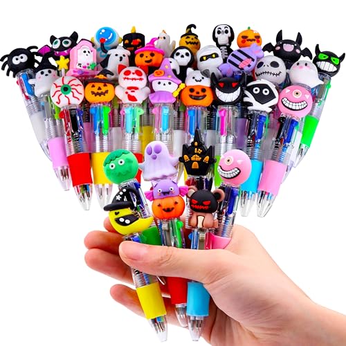 WIURGOHA 32Pcs Halloween Mini Multicolor Pens All in One 4 in 1 Cute Pens Party Bag Fillers for Class Fun Retractable Ballpoint Pen Gifts Party Favours School Supplies