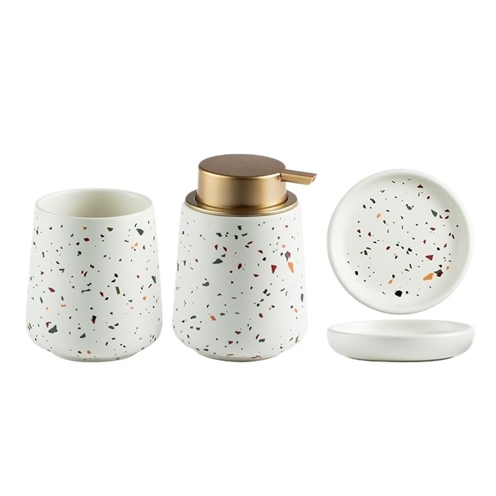 Juego de Accesorios de baño de 4 Piezas: dispensador de jabón espumoso de cerámica con decoración rústica en Blanco, Soporte for Espuma y Cepillo de Dientes/Vaso, Bandeja.