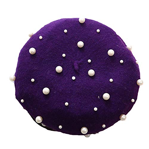 shengyuze Fashion Autumn Winter Solid Color Faux Pearl Beret Hat for Women Warm Painter Cap(Purple)