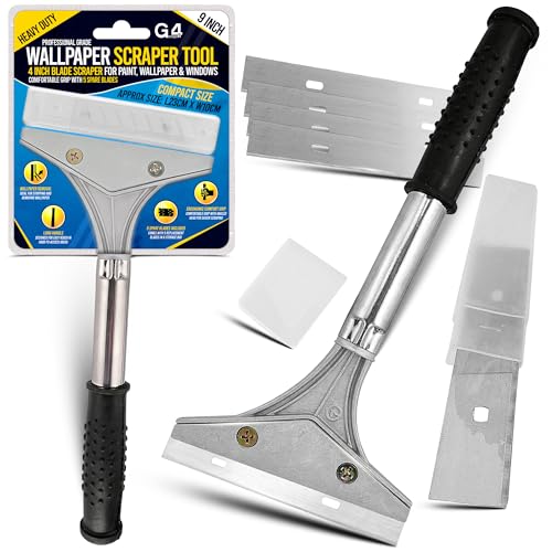 G4GADGET Heavy Duty Wallpaper Scraper 9 Inch Long with Comfortable Grip 4 Inch Blade Paint & Window Scraper Tool with 5 Spare Blades for Wallpaper Stripping Glass Tiles & Adhesive Removal