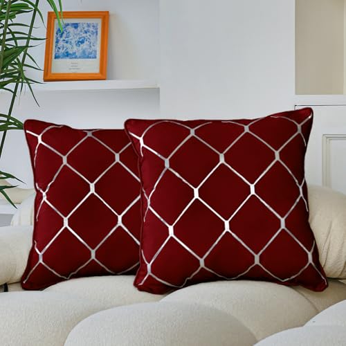 WACOMECO Silver Throw Pillow Covers, Pack of 2 Soft Velvet Decorative Cushion Covers for Couch Sofa Home Decoration, Burgundy, 18x18 Inch