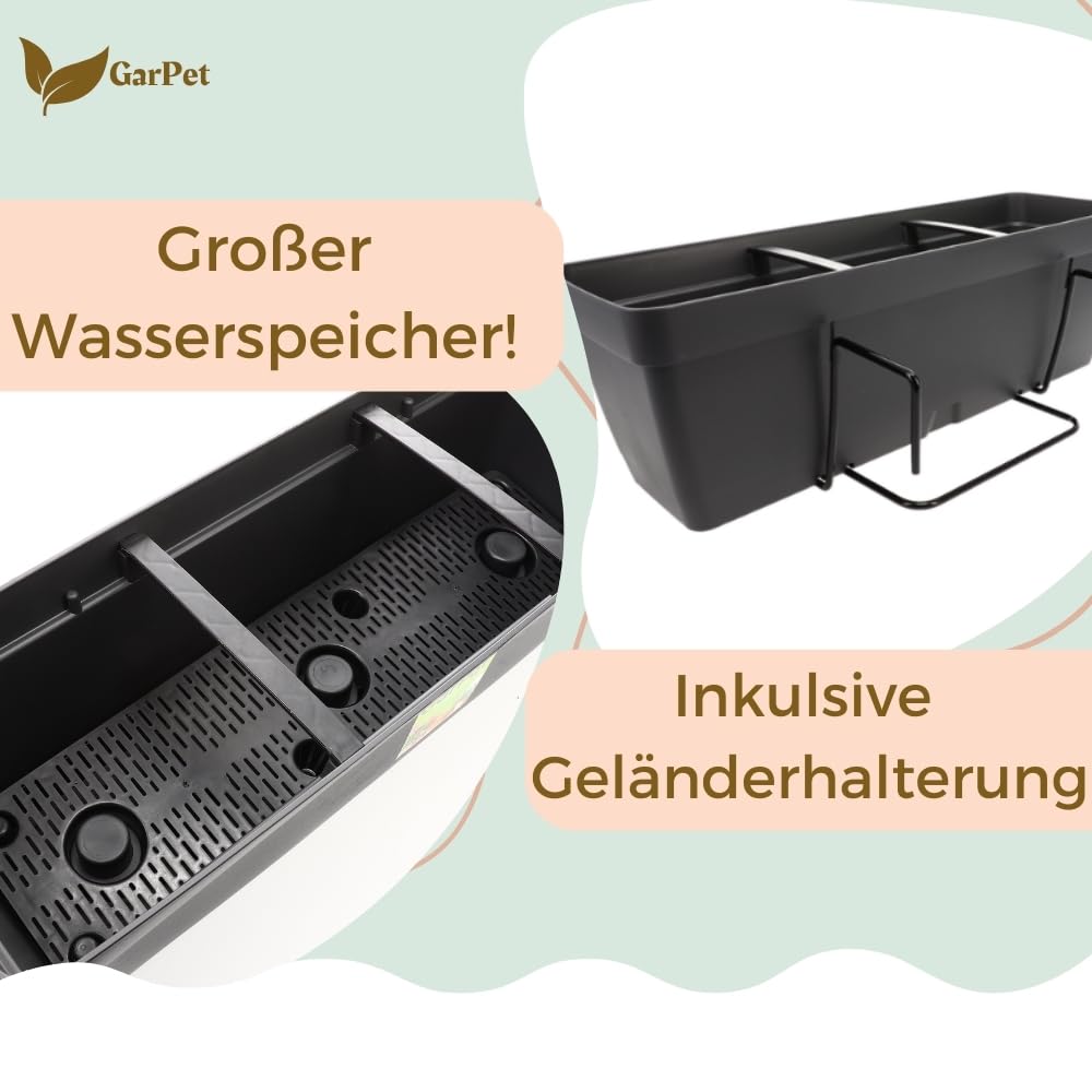GarPet 4er Set Blumenkasten Balkongeländer Balkon Blumenkasten Balkonkasten mit Halterung Balkonkasten Geländerkästen mit Wasserspeicher 50 cm