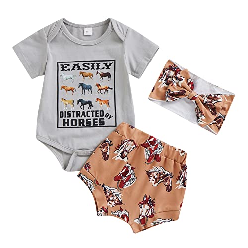 Image of Youweixiong Newborn Baby Girl Western Clothes Set Short Sleeve Animal Romper Bodysuit Bloomer Shorts Headband Summer Outfit 3PCS (Khaki Horse, 0-3 Months)