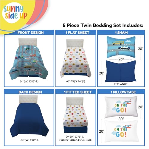Image of Sunny Side Up On The Go Twin Comforter Set - 5 Piece Kids Bedding Includes Comforter, Sheets & Pillow Cover - Super Soft Vehicles Microfiber Bed Set