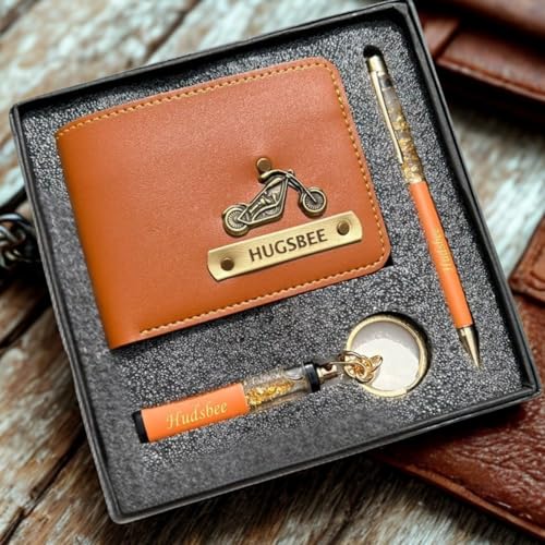 Image of Teak Wood Customized Leather Wallet Pen Keychain Gift Set for Men with Name, Personalized Brown Purse Combo, Stylish Gift for Husband, Boyfriend - Mens Wallets, Wallets for Man, Men Wallet (Orange)