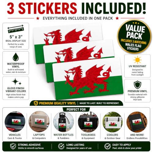 Image of Wales Vinyl Flag Stickers, Car Decals, Waterproof Indoor Outdoor, Laptop Stickers, Car Bumper, Welsh Flag, 5 x 3 Inches, Set of 3
