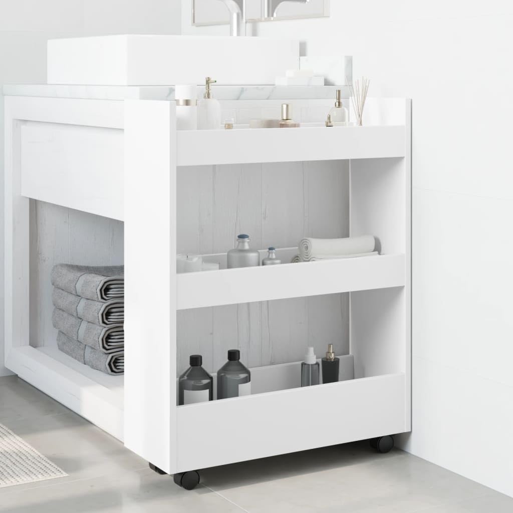 Carro de almacenamiento estrecho con 3 niveles de madera blanca de 60 x 22 x 80 cm, carrito móvil con 4 ruedas, 60 kg, carrito de cocina versátil y carrito auxiliar para almacenamiento
