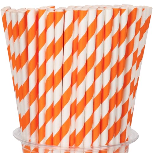100 Packs Orange Biodegradable Striped Paper Straws Disposable Drinking Straws for Birthday Carnival Summer Pool Party Wedding Baby Shower Halloween Christmas Party Decoration Supplies