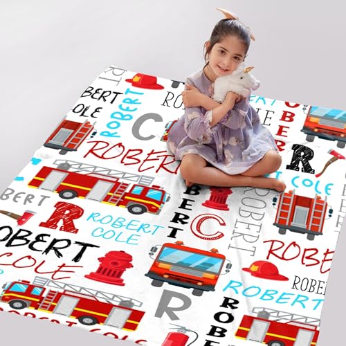 Image of Fire Trucks Firefighter Custom Blanket Gifts Personalized Fire Trucks Throw Blankets for Boys Girls Super Soft Fleece Flannel Air Conditioning Blanket for Couch Bed 80x60 in for Adult
