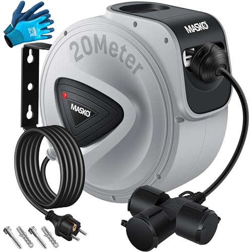 MASKO Enrouleur de câble automatique, 20 m, avec connecteur à 3 positions, rotatif à 180 °, câble d'alimentation de 1,5 m, support mural, atelier,...