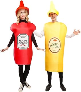 Unisex Adult Ketchup and Mustard Cosplay Costume Halloween Funny Food Suit Lover Fancy Dress for Couples Mascot Outfit