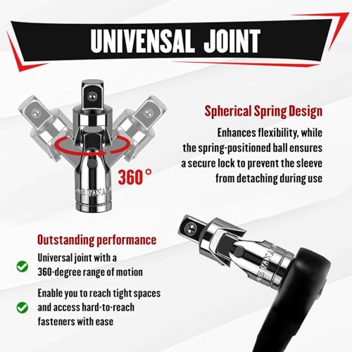 Image of YIYITOOLS 25Pcs Drive Tool Accessory Kit, 1 /4 inch 3 /8 inch 1 /2 inch Socket Accessories, Extension Bar, Adapter, Universal Joint & T-Bar, Professional CR-V Steel Construction