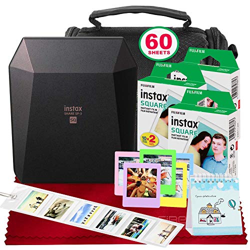 Fujifilm Instax Share SP-3 Smartphone Printer (Black) with 60 Sheets of Instant Square Film with Platinum Bundle (USA Warranty)