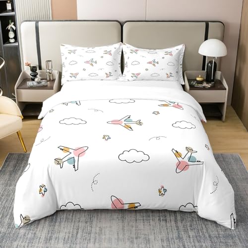 Homewish Housse de Couette 140x200 Avion en 100% Coton, Ensemble de Literie Avion Mignon, Parure de Lit Véhicules de Transport, Couvre Lit Croquis d'avion Avion de Ligne Avion Nuages, Doux