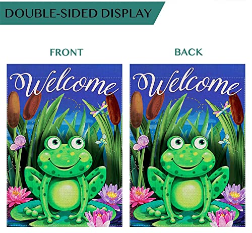 Uanvaha Welcome Frog Garden Flag Double Sided Butterfly Dragonfly Lotus Flowers Green Night Funny Welcome Small Yard Flag Seasonal Outside Decor Yard Farmhouse 12.5X18 Inch #TOP2