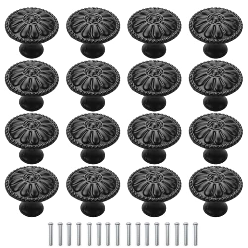 XdealCozyxc 16PCS Black Cupboard Knobs, Flower Pattern Round Handle with Screws, for Kitchen Cupboards, Draws, Door, Cabinet (1.2inch)