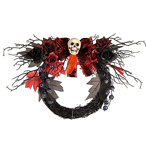 Couronne de crâne Halloween haut de gamme en fleurs décoratives et suspension ronde