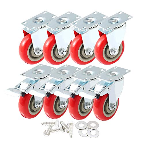 8 Pack 4″ Caster Wheels Swivel 360 Degree 4 with Brake Swivel and 4 Swivel Plate Combo On Red Polyurethane Wheels with Hardware