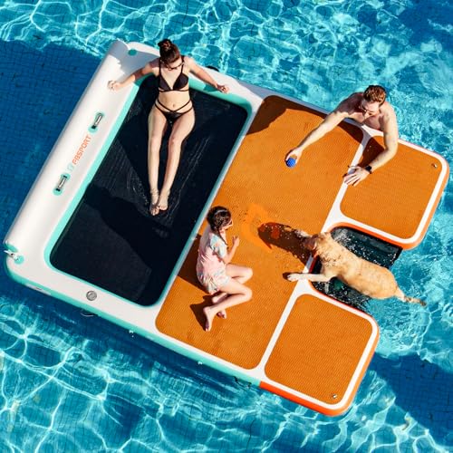 FBSPORT Inflatable Floating Dock 8ft Dog Boat Ramp in One Floating Docks Dog Pool Ramp with Water Hammock Lake Floats for Adults Inflatable Island Platform Water Raft with Ladder 8x8ft Green