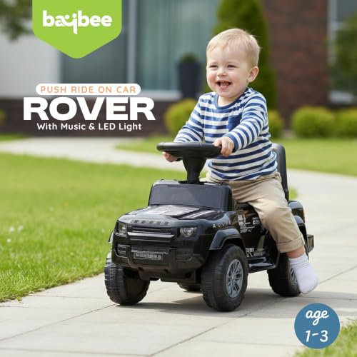 Image of Baybee Rover Baby Ride on Car for Kids | Push Ride on Toys Car with Backrest & Toy Storage Basket | Portable Rideons Jeep with LED Lights & Music | Kids Toy Car to Drive 1-3 Years (Black)