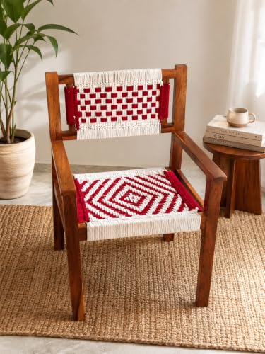 Image of Handcrafted Solid Sheesham Wood Accent Chair with Cotton Rope Weaving | Modern Wooden Arm Chair for Living Room, Bedroom & Balcony | Rustic Handmade Lounge Chair | Natural Finish (Red & White)